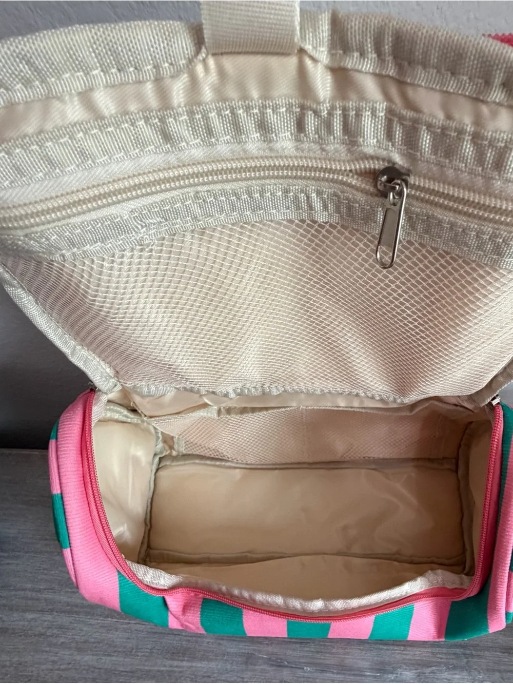 Bubblegum Pink & Green Striped Canvas Large Zip Handle Cosmetic Bag Tote Pockets